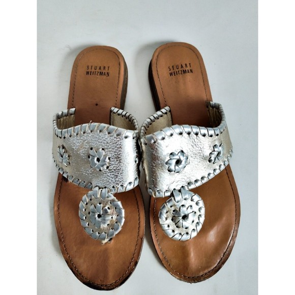 Stuart Weitzman Metallic Gold / Silver Thong Flat Leather Dressy Sandals Size 4 - Picture 9 of 12